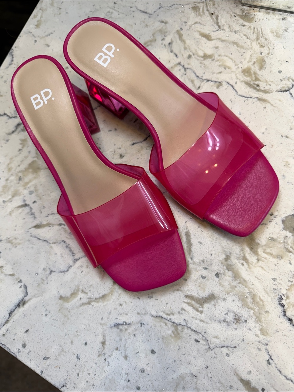 bp Fuchsia Clear Strap Block Heel Mules